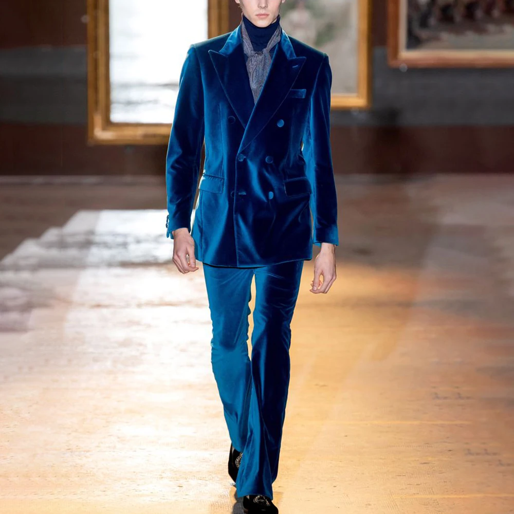 

Blue Velvet Men's Suits Male 2Piece Set Peaked Lapel Blazer Formal Gala Wedding Costume Banquet Dinner Jacket Free Customization
