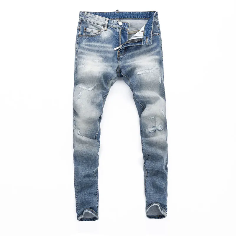 Fashion New High Quality Men's Jeans, Washed, Nostalgic,Y2K Elastic, Slimming, Scratched, Blue Jeans, High Street Hip Hop