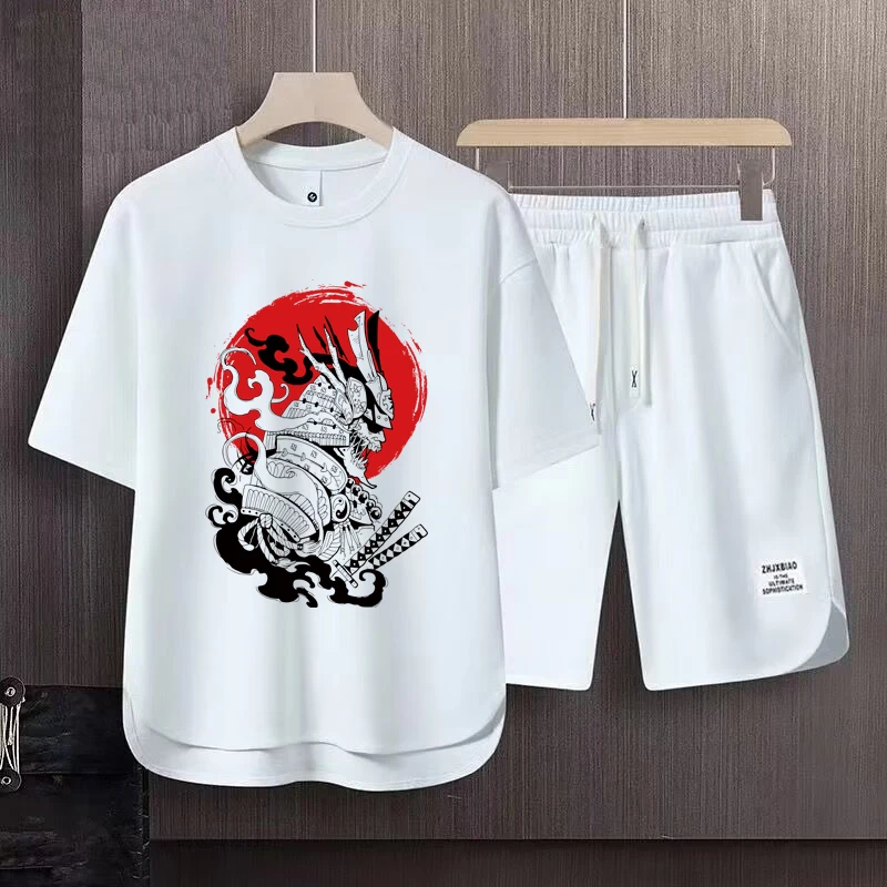 Korean Trendy Two Piece Set 2025 New Sports Suits for Men Short Sleeve Japan Samurai Graphic T-shirts Shorts Man Summer Outfit