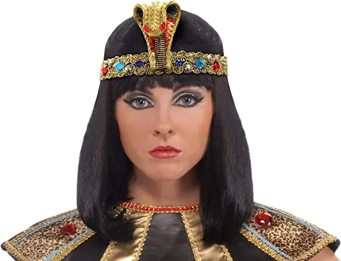 Kleopatra-Perücke für Damen, Ägyptische Königin, Schwarzes Haar mit Goldperlen, Kleopatra-Accessoire, Kopfschmuck für Tanz, Halloween-Party, Rollenspiel, Cosplay – Detail 3