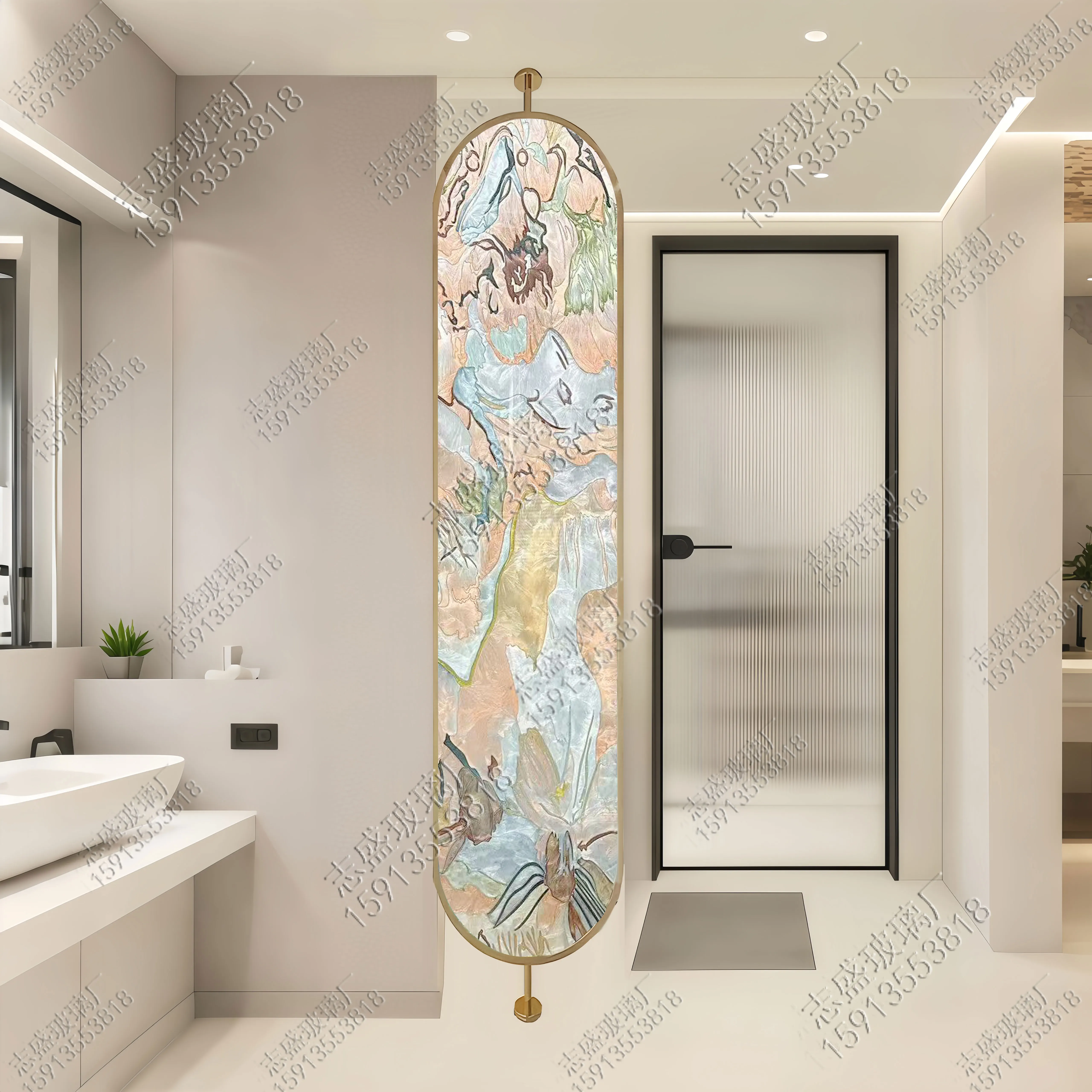 Master bathroom door facing bed partition wall, washbasin cover art deco glass