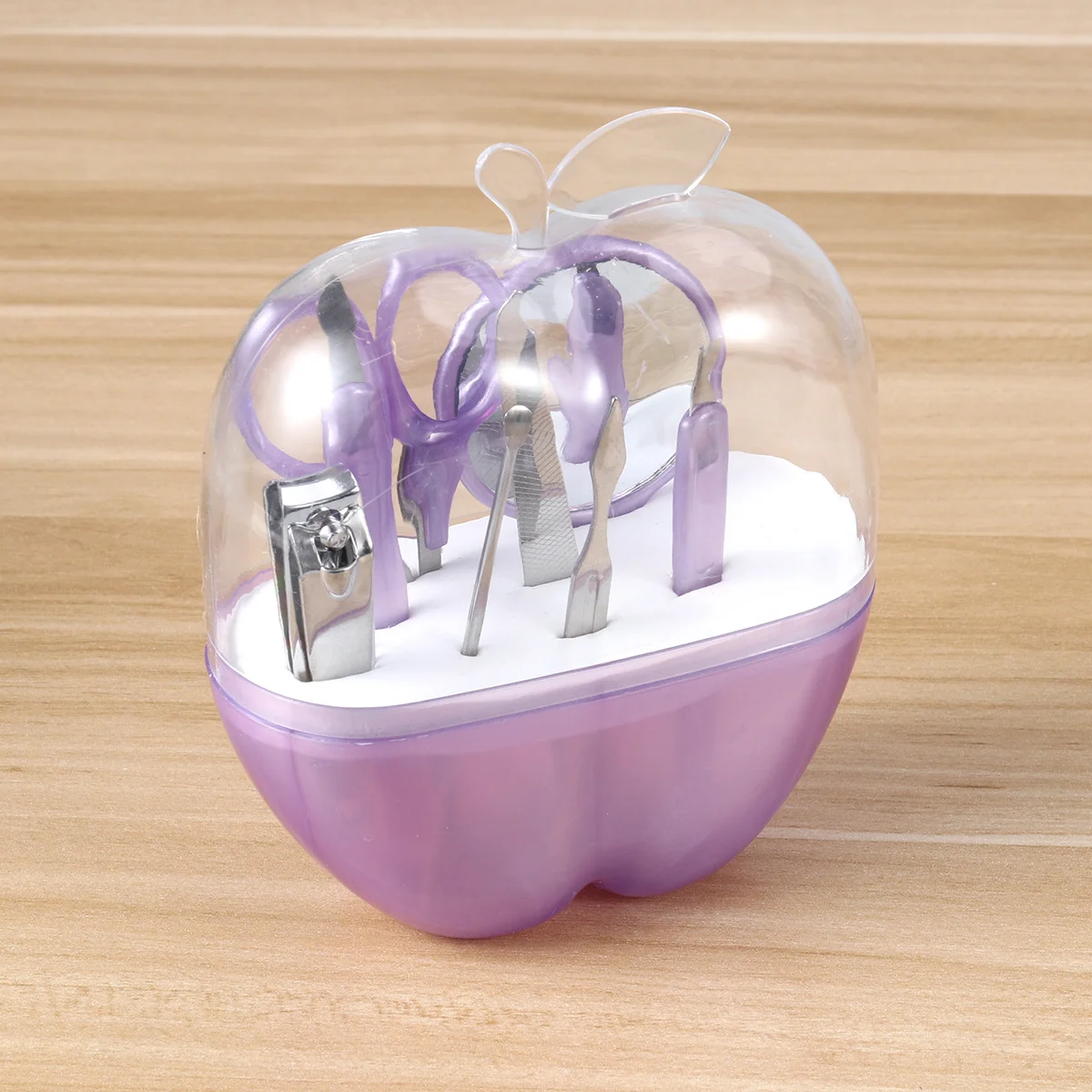 8-in-1 Professionelles Nagel-Maniküre-Set in Apfelform, durchsichtige Aufbewahrungsbox, Edelstahl-Haarschneidemaschine, Schere, Pinzette, Spiegel, Reisen