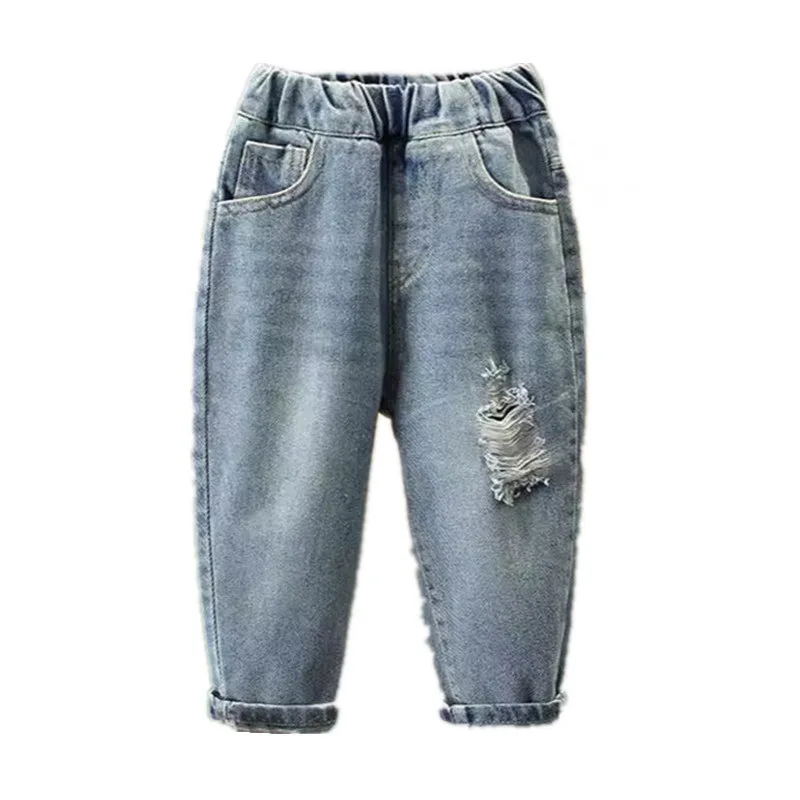 

Весенне-осенние джинсы для маленьких мальчиков, рваные джинсовые брюки для девочек, детские джинсовые брюки, одежда для мальчиков, верхняя одежда, джинсовые брюки