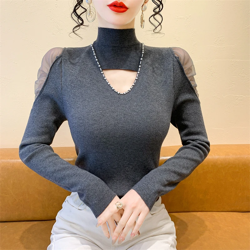 

2025,New,Fall,Winter,Knitted,Sweater,Women,Sexy,Hollow Out,Mock Neck,Patchwork,Mesh,Shiny,Beading,Long Sleeve,Casual,Tops,51051