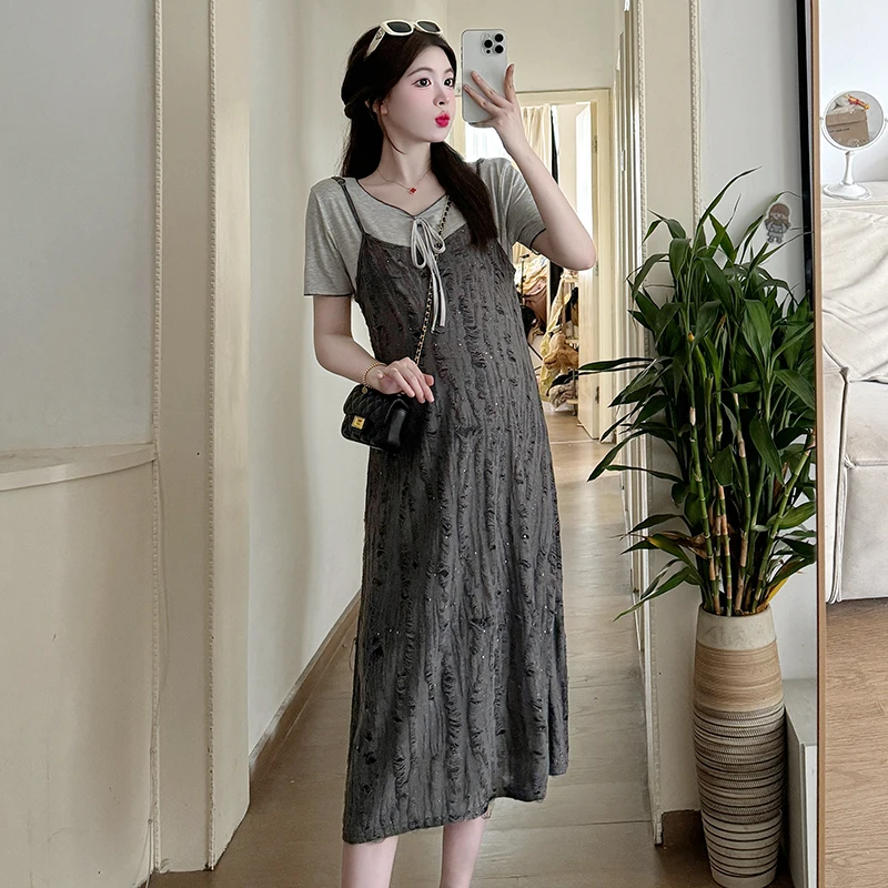 2024 Summer Maternity Clothes Set Short Sleeve V-neck Grey Top+strap Dress Twinset Casual Pregnant Woman Broken Dress with Holes