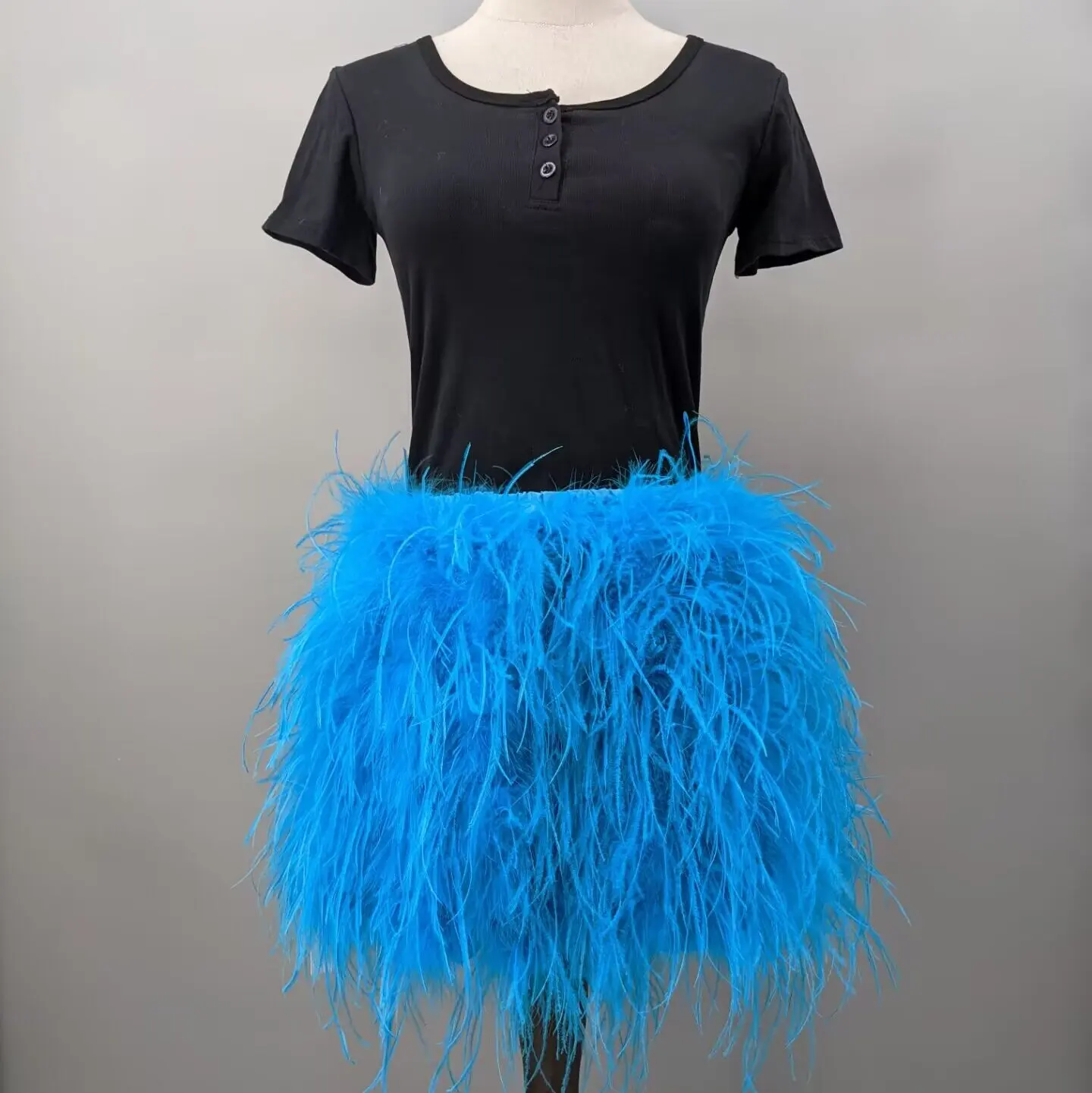 Women Lake Blue Real Ostrich Feather Mini Skirt Elastic Waist Fluffy Short Skirt Y2K Club Festival Party Outfit 22A0602