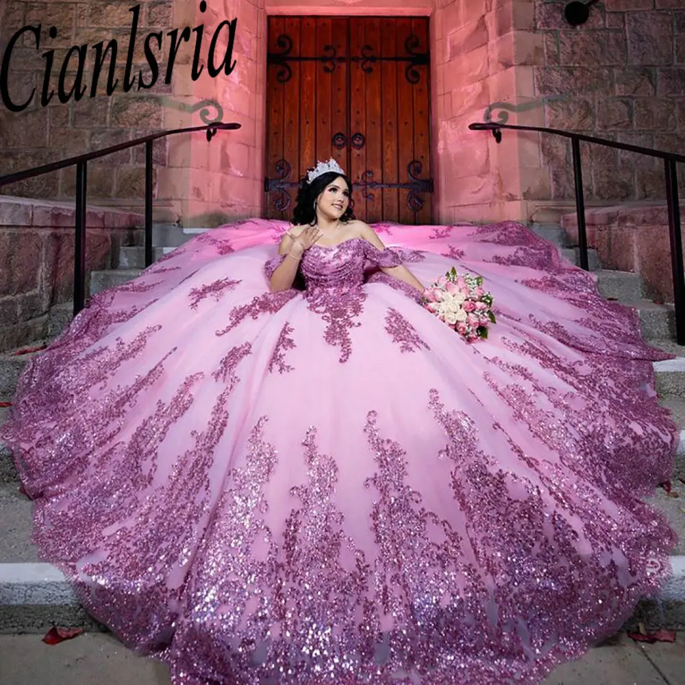 Pink Off The Shoulder Bow Ball Gown Quinceanera Dresses Sequined Appliques Lace Pleat Corset Sweet 15 Vestido