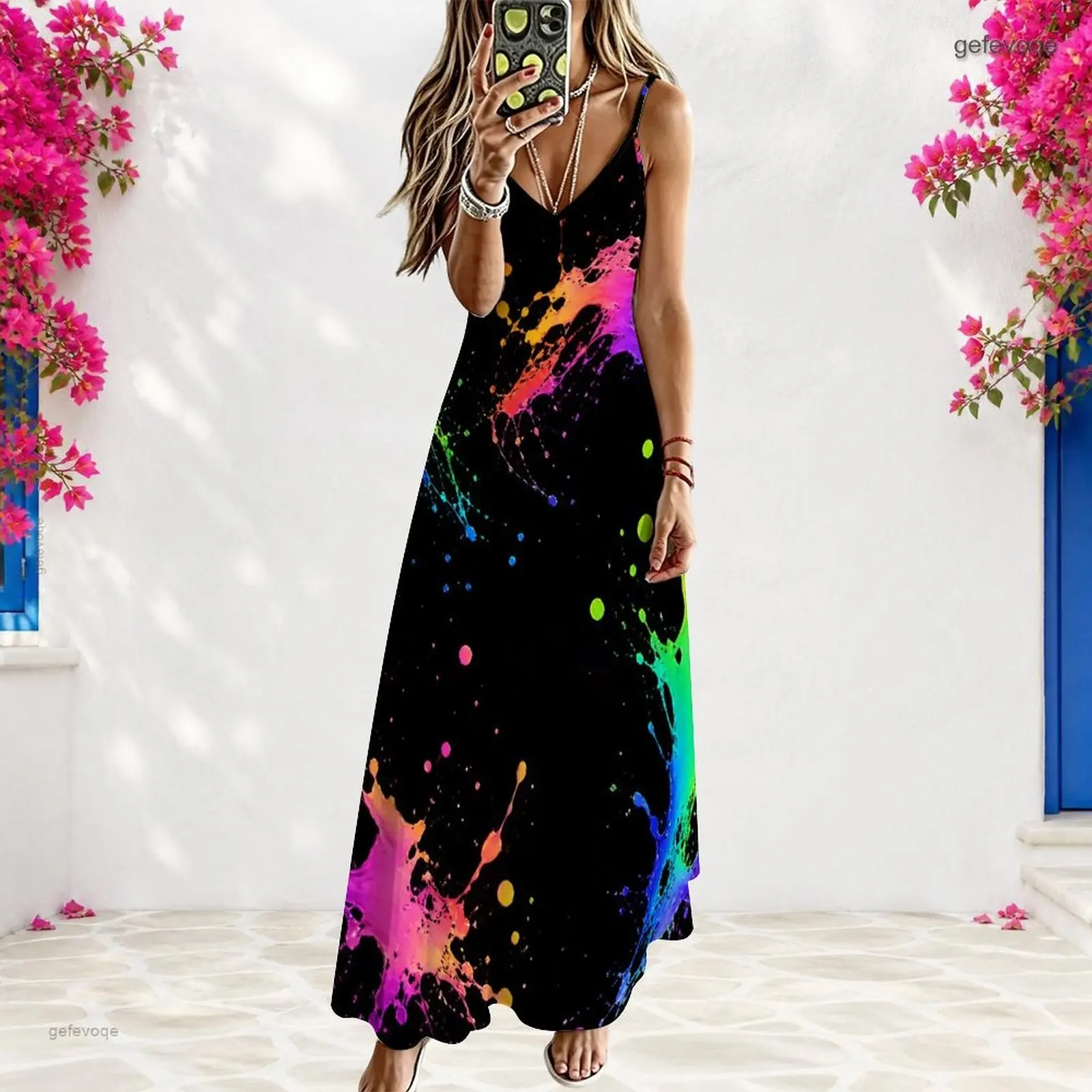 Women V Neck Strappy Sleeveless Black Base Colorful Paint Splash Print Long Dress