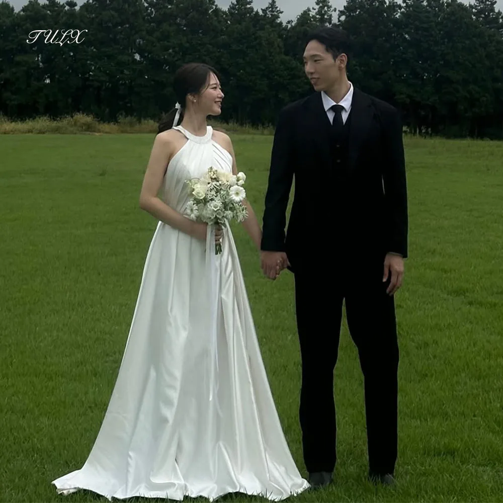 TULX Ivory Satin Wedding Dresses Korea Photo Shoot Halter Sleeveless A line Long Bridal Gowns Corset 웨딩드레스 Customized 2026