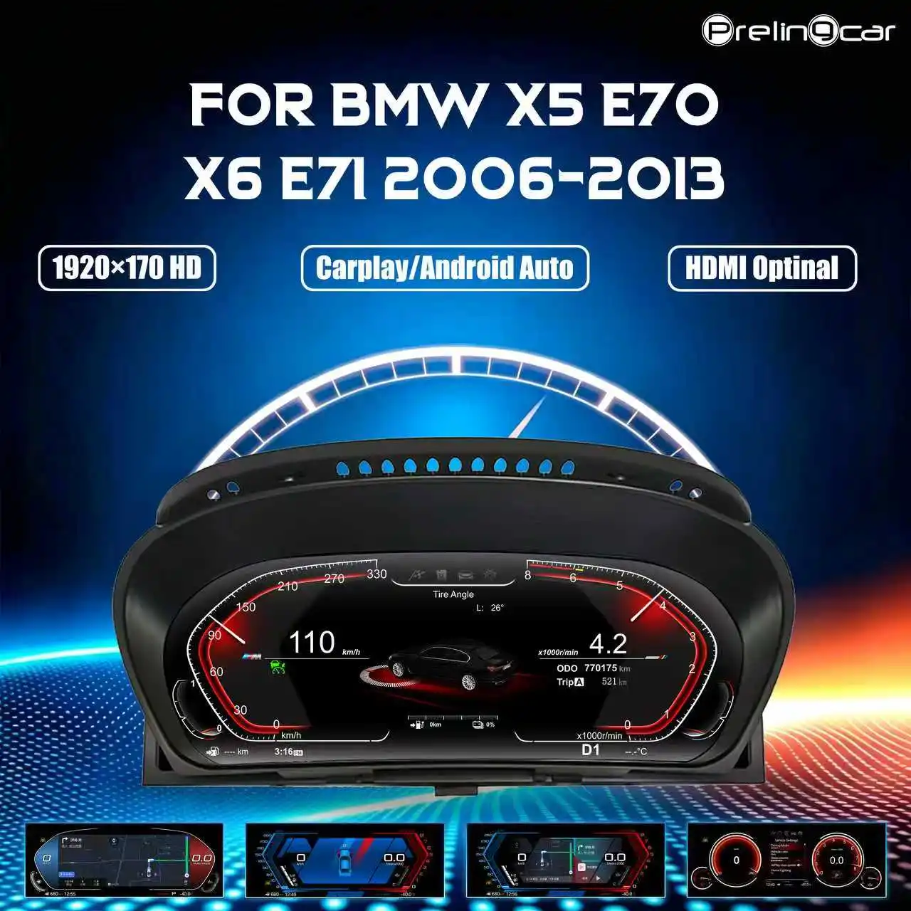 Cruscotto Digitale LCD per Auto BMW X5 E70 X6 E71 Anni 2006-2013, Pannello Auto con Tachimetro, Cockpit Virtuale con Funzione Wireless Carplay