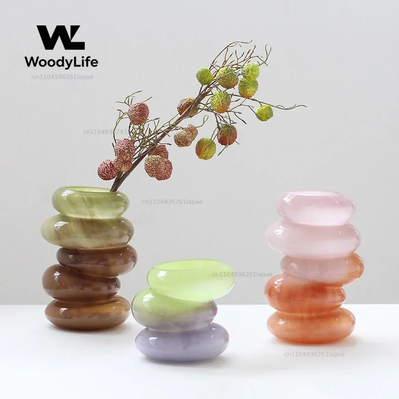 Glass Vase Geometric Pebble Stack Color Gradient Flower Vase Caterpillar Floral Arrangement Home Decoration Accessories