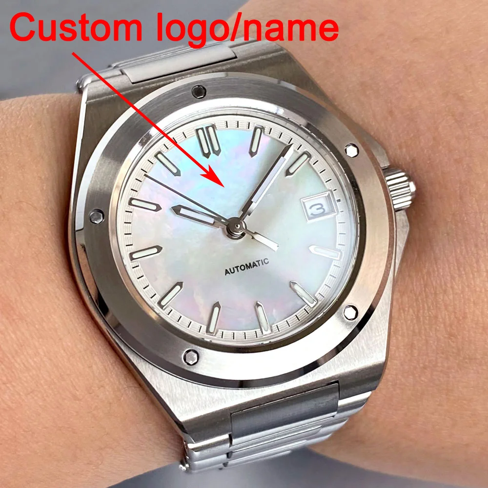 Customized Fashion Mother of Pearl Shell Dial Lume 40mm Sandblasted Case NH35 Mechanical Men Automatic Watch SapphireGlass 10ATM
