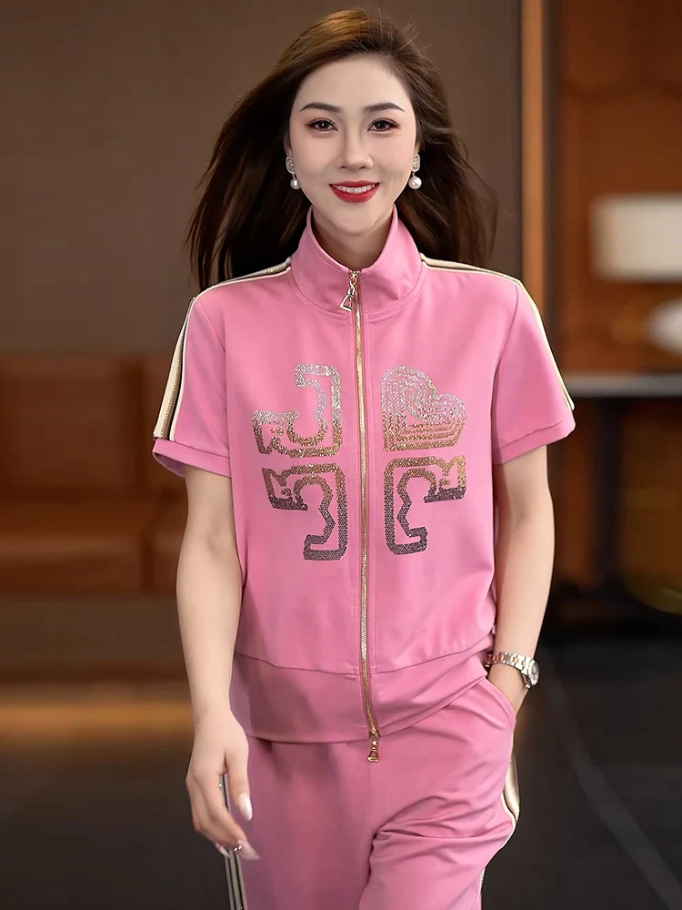 high-end-casual-sports-set-women-summer-thin-ort-sve-faionable-mom-two-piece-suit-polyester-fiber-zipper-long-pants