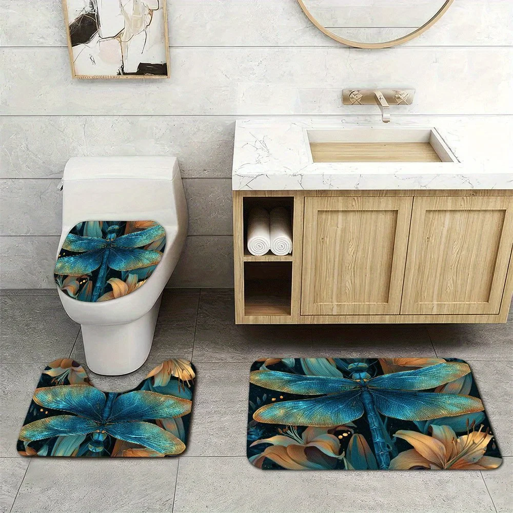 

3pcs Super Soft Bathroom Floor Mats Set, Absorbent, with Non-slip Backing, Blue Dragonfly Print for Bathroom, Toilet, Bedroom,