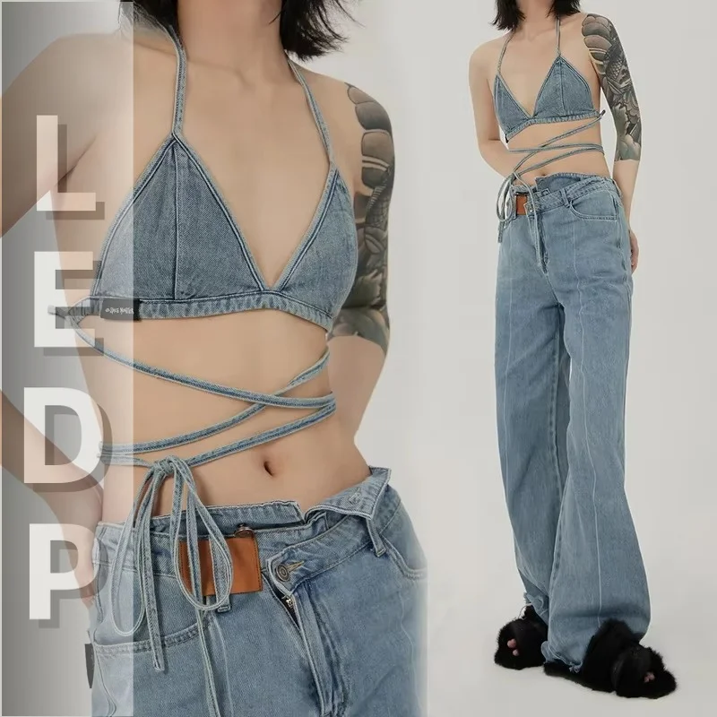 IMU Summer New Triangle Bikini Bra Top Sexy Backless Women Bandage Denim Sling Vest Korean Stylish Vintage Y2k Beachwear