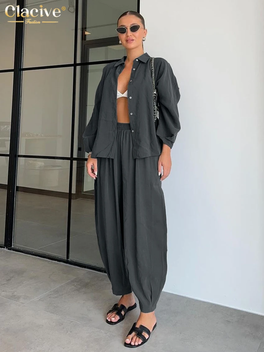 Clacive Fashion Loose Gray 2 Piece Sets Women Outfit 2025 Elegant Long Sleeve Blouse With High Waist Pants Set Female Streetwear