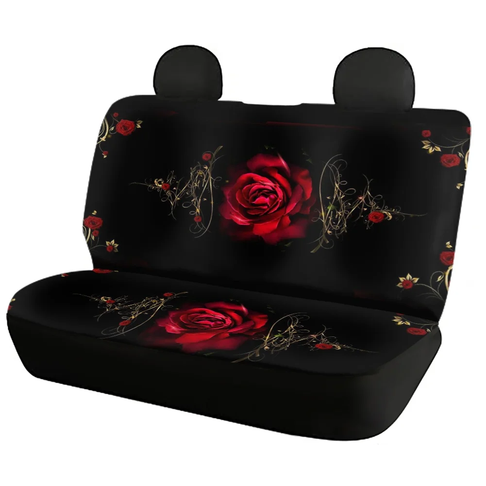 Red Rose Art Flower Printing Car Seat Cover Full Set for Women Front Rear Seat Cover Comfortable Non-slip Car Protection Cushion