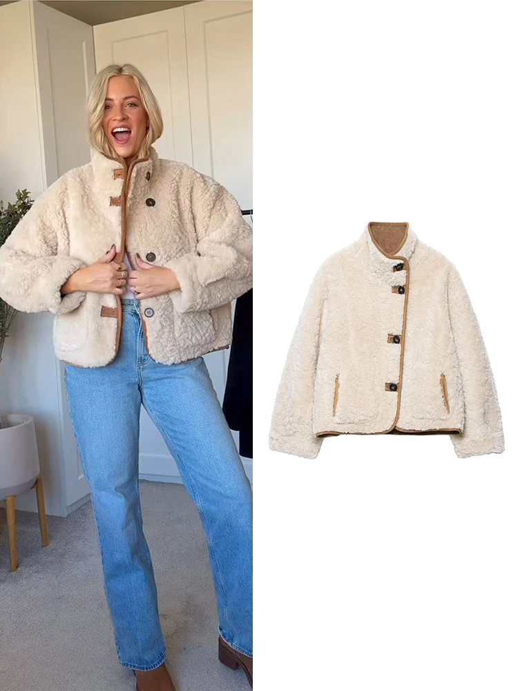 

TFMLN 2025 Women's Reversible Jackets Autumn New Solid Color Long Sleeve Stand Collar Warm Coat Casual Fashion Versatile