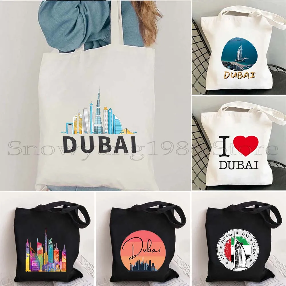 

Dubai United Arab Emirates Burj Khalifa Skyscraper City Skyline Canvas Shoulder Tote Bag Harajuku Shopper Reusable Cute Handbag