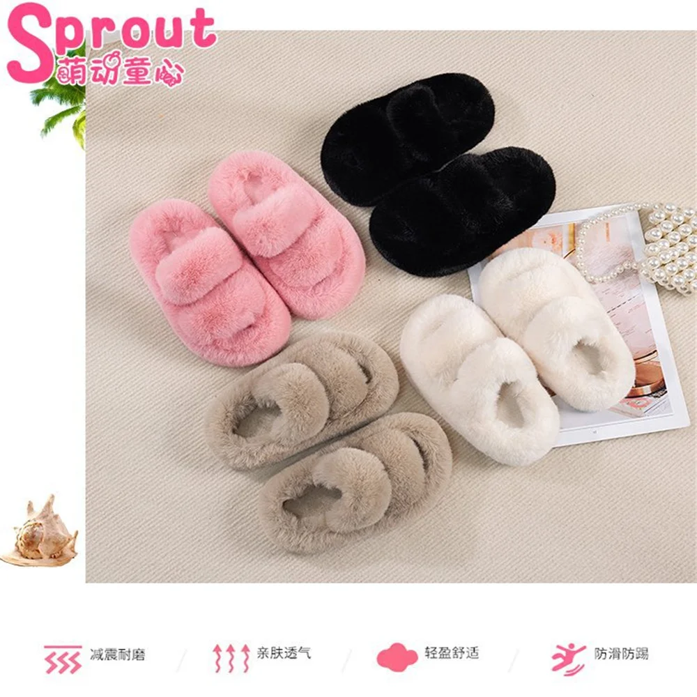 New Thick Bottom Hairy Slippers for Women in Autumn and Winter, Warm One Word Cotton Slippers for Home Use, Plush Cotton Slipper