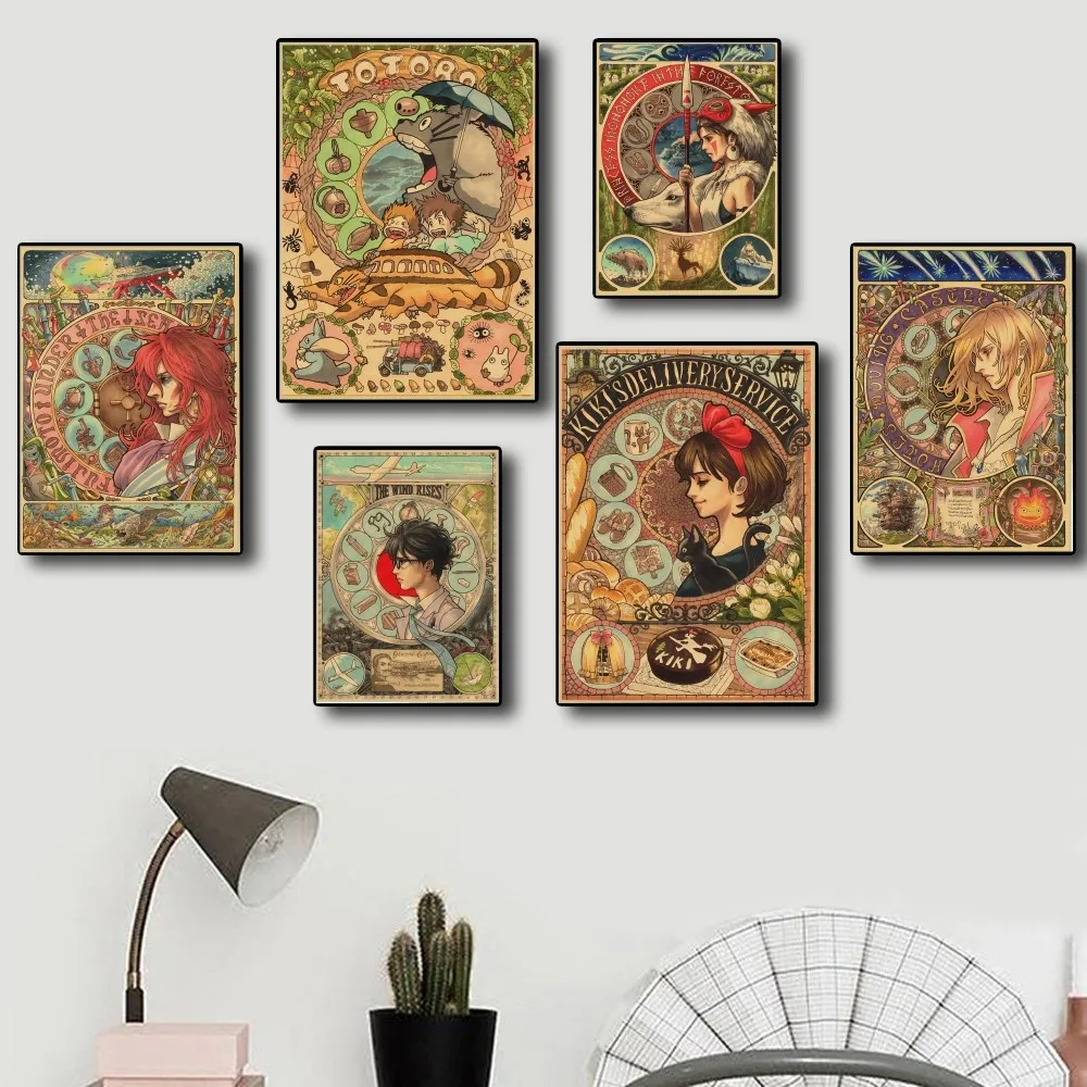 1pc Miyazaki Hayao Kraft Paper Beautifully Retro  Poster Paper Print Home Bedroom Entrance Bar Cafe Art Painting Decoration