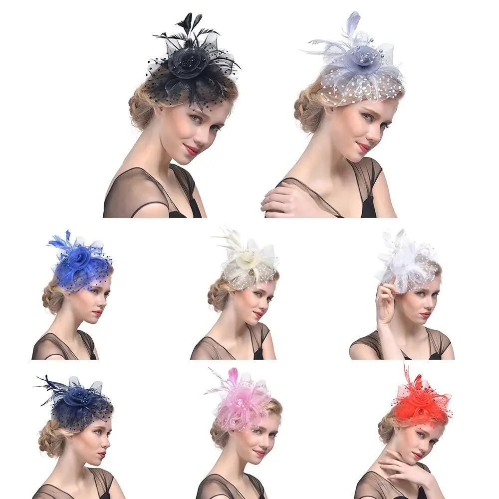 Mesh Flowers Feathers Hat Hair Accessories Organza Fascinators Hat with Hair Clip Bridal Headwear Cocktail Wedding view 4