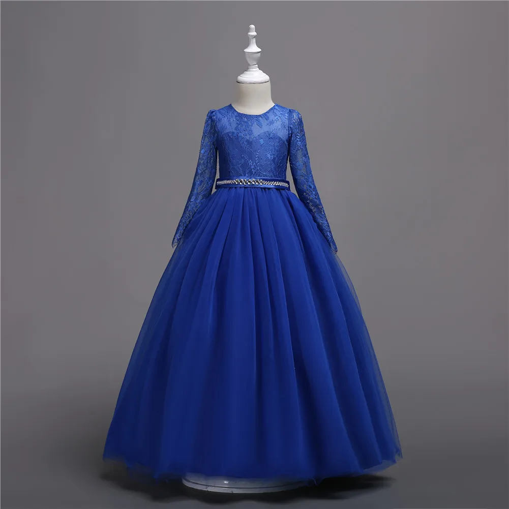 Blue European and American best-selling children\'s bridesmaid dress lace long sleeved large skirt, flower girl princess dress