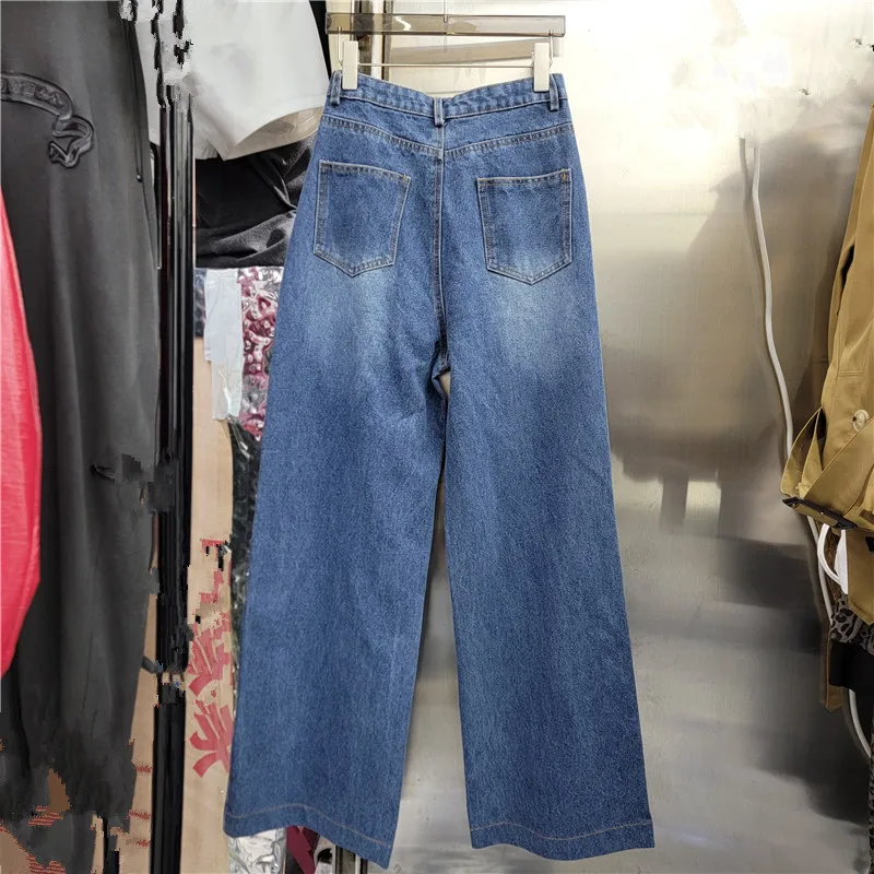 Fashionable New Autumn All-match Straight Jeans Woman High Waist Single-breasted Metal Decoration Wide Leg Casual Denim Pants
