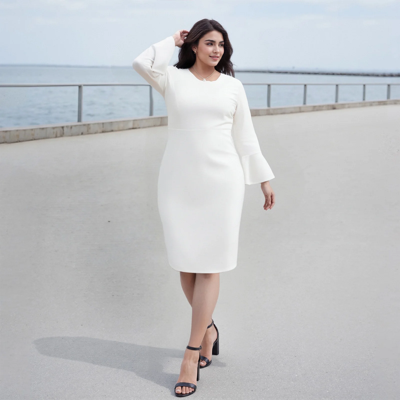 

Women's Plus Size Bodycon Dress Stylish Solid Asymmetrical Neck Long Petal Sleeve Mid Length Dress for Autumn/Winter