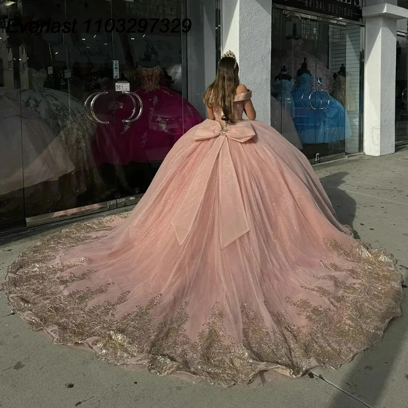 EVLAST-Vestido de Baile Quinceanera Rosa Brilhante, Apliques de Renda Dourada, Arco Beading, Espartilho México, Sweet 16, 15 Anos, TQD365