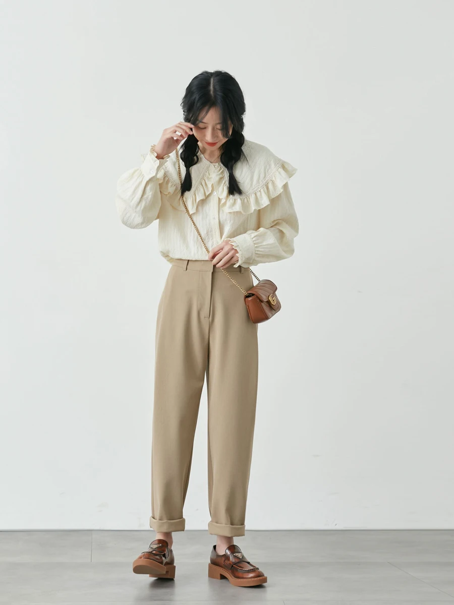 Nolila High Waist Straight Leg Casual Pants Floor-Length Cuffed Slimming Effect Korean Sle Premium Quali Polyester Cotton...