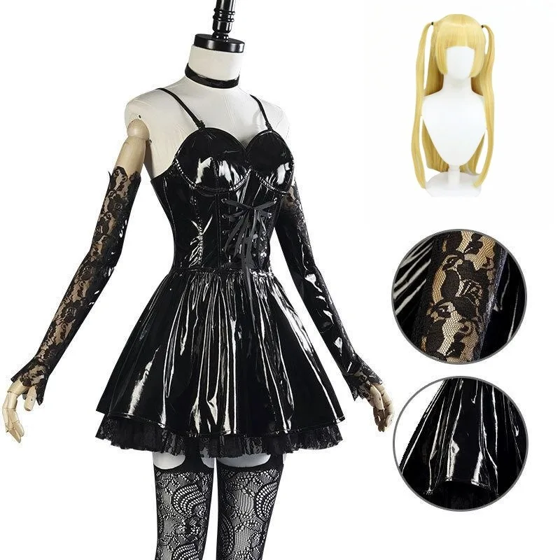 

Womens Cosplay MisaMisa Costume Anime Black Leather Skirt Sexy Dress Gothic Lace Halter Dtockings Uniform Suit Halloween Party
