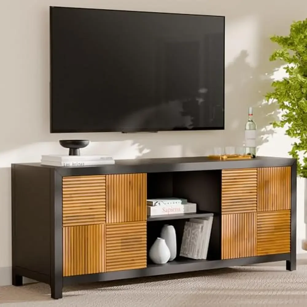 Solid Wood Fluted TV Stand Whisper Quiet Soft Close Door Adjustable Storage Shelf Neat Living Space.