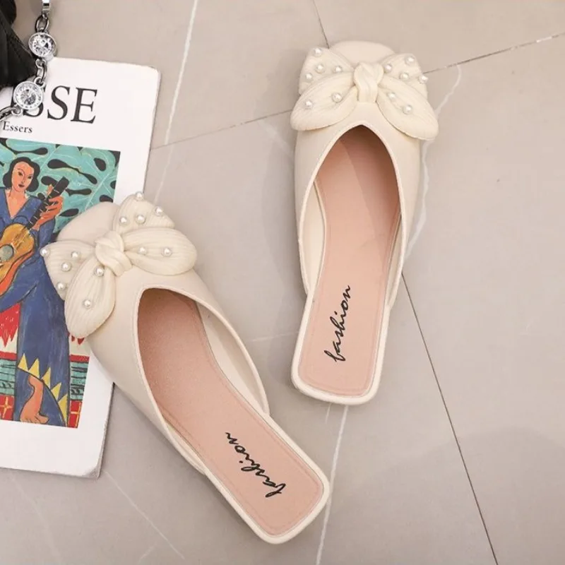 Fashionable Women Summer Outdoor Low Heel Square Buckle Butterfly Mesh Bow Versatile New Arrival Closed Toe Slip On Mule Sandals