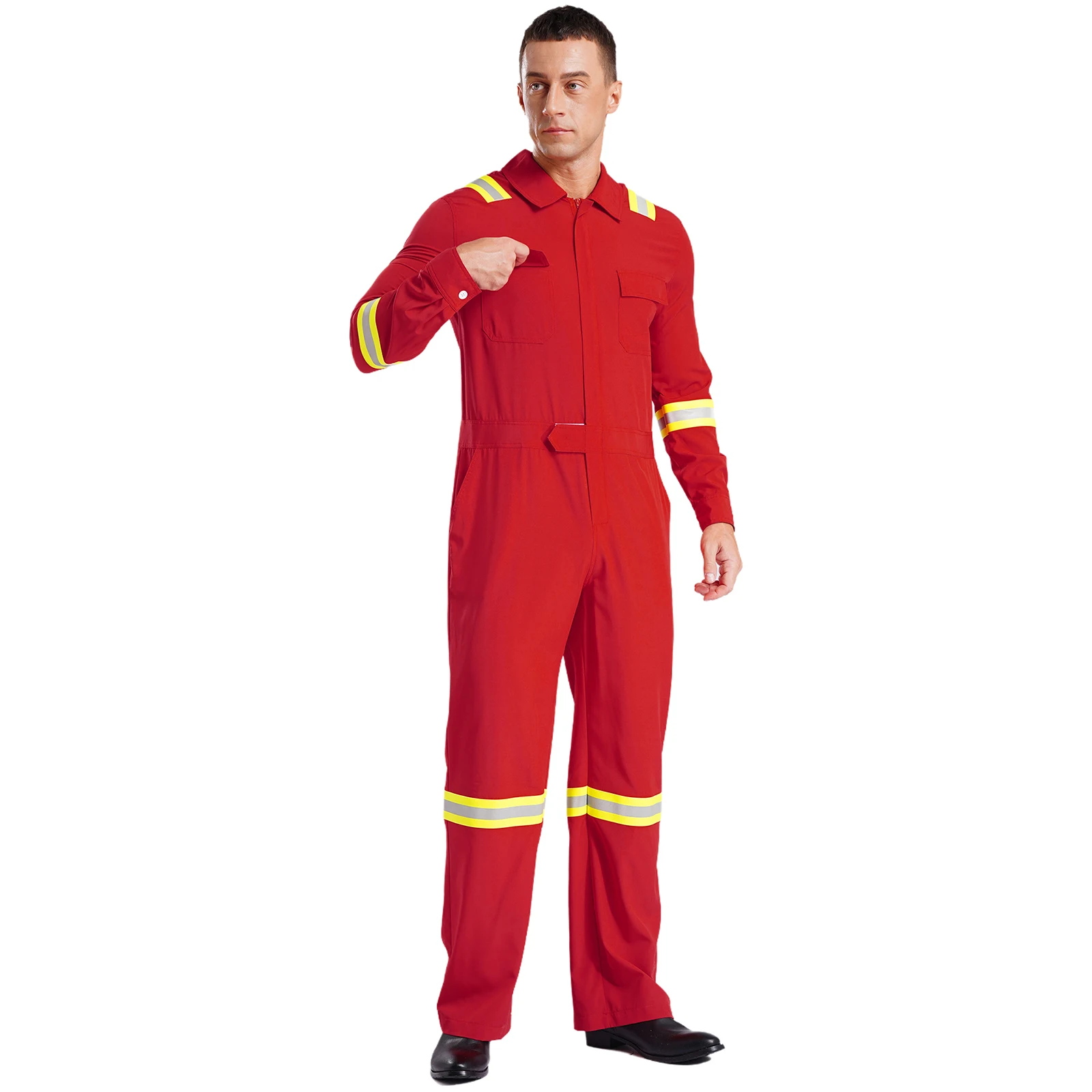 Mens Coveralls Jumpsuit Workshop Unifom Turn-Down Collar Zipper Reflective Stripes Coveralls Bib Pants Work Clothes with Pockets