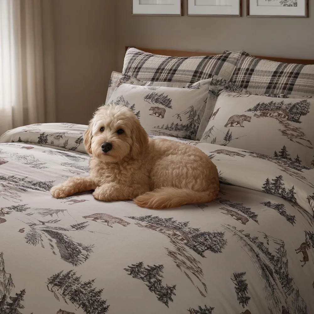 Brown Toile Pattern Twin Size Comforter Set with Pillowcase - Lodge Style Bedding Ensemble