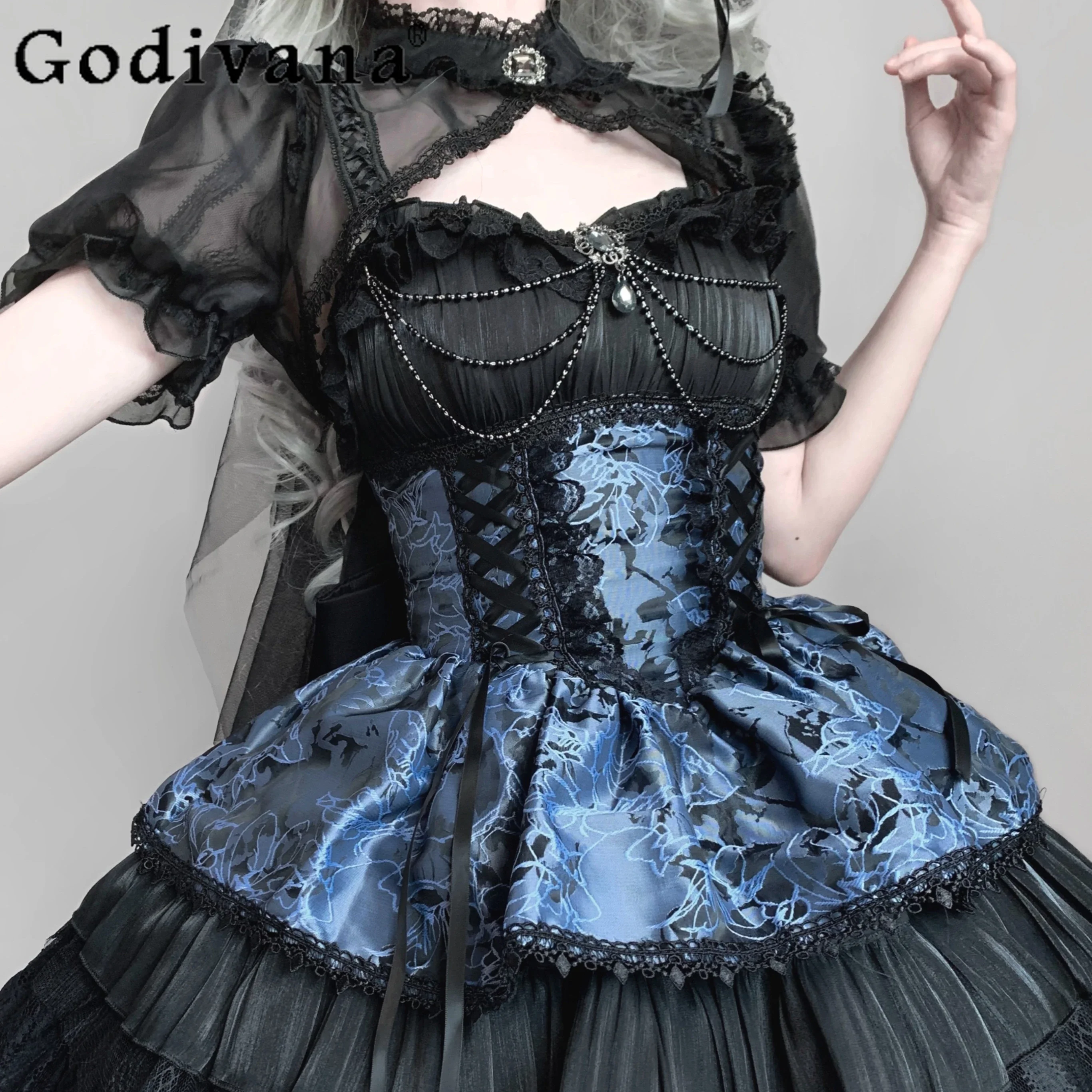 

Japanese Style Sweet Lolita JSK Princess Dress Gothic Lace Stitching Chain Bow Sleeveless High Waist Slim Mini Sling Dress Women