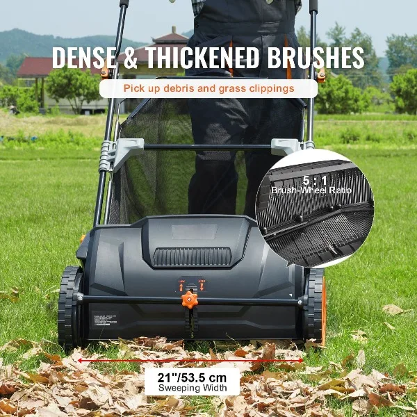 Push Lawn Sweeper, 21 Inch Leaf & Grass Collector, Strong Plastic Wheels & Heavy Duty Thickened Steel Durable to Use with Large Capacity 3.5 Cu. ft. Mesh Collection Hopper Bag, 2 Spinning Brushes