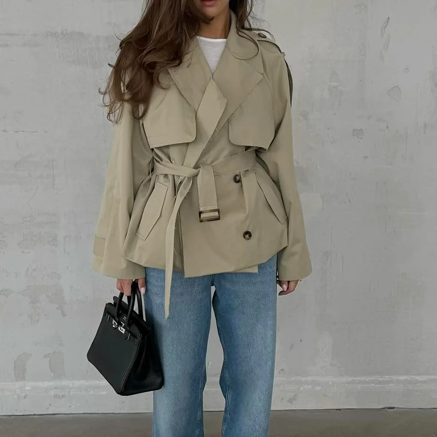 Trench Coat Women Fall New Fashion Street Style Notch Lapel Belted Waist Outerwear