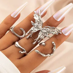 4pcs/set Silver Color Smooth Geometric Butterfly Open Rings Set for Women Exaggerated Metal Irregular Chunky Ring Jewelry Gift