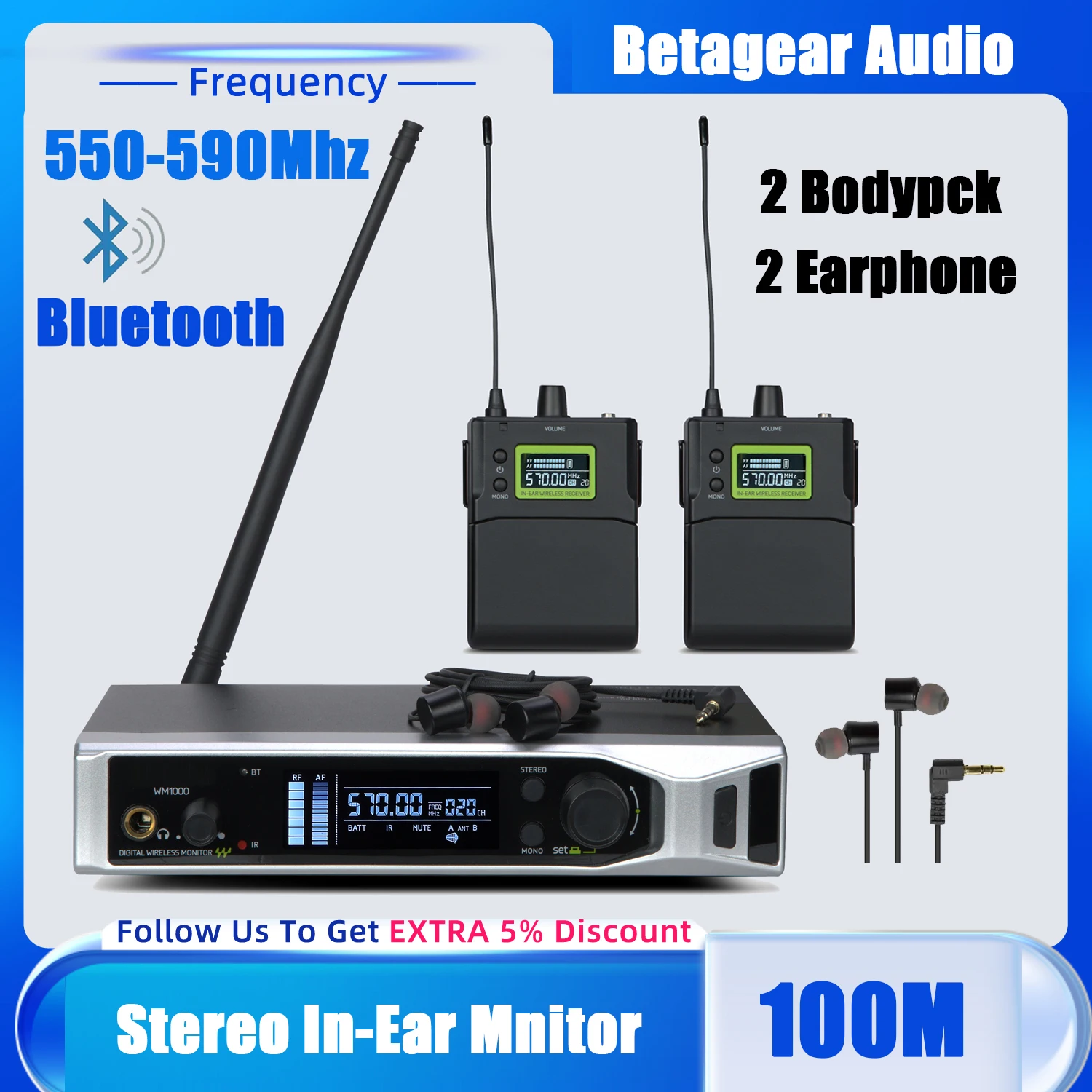 

Betagear Stereo In Ear Monitor Wireless Bluetooth Professional Stage Return Monitoring System For Stage / Broadcast 500Mhz WM100