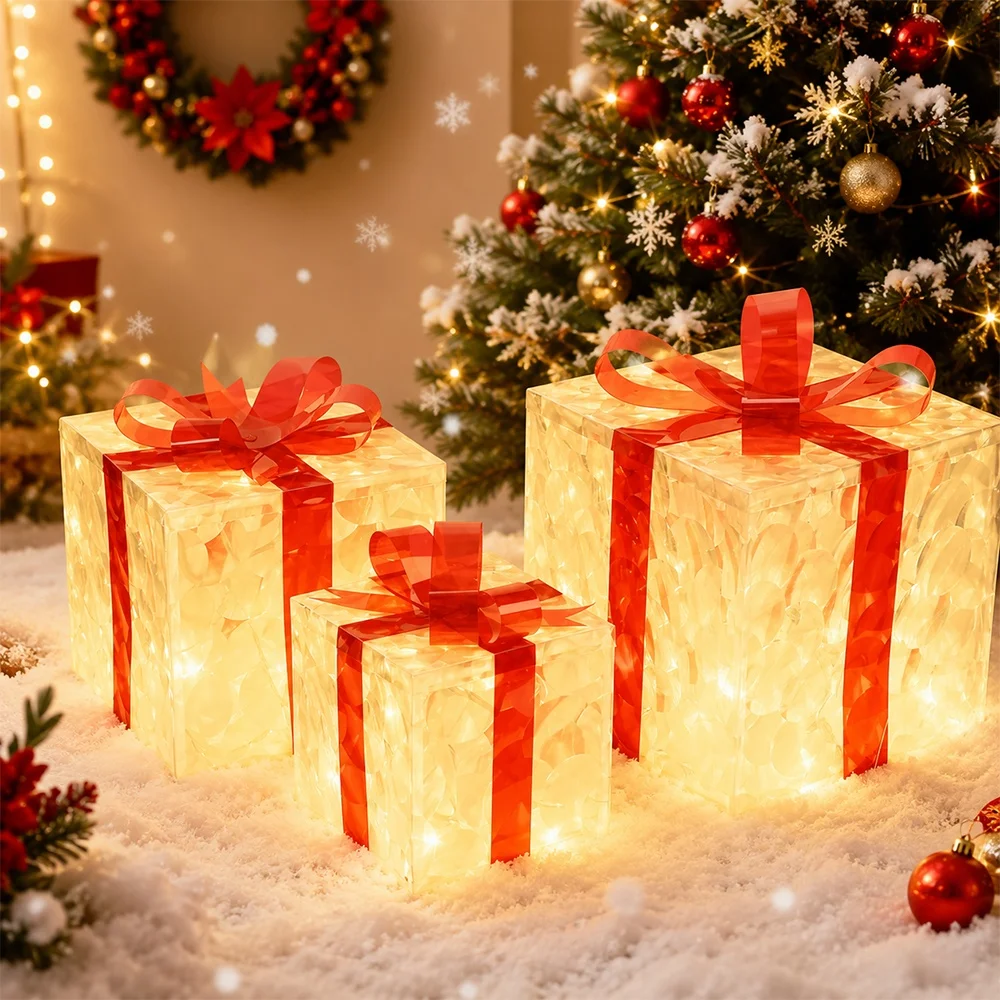 3pcs Festival Lantern Gift Box Shape with Lightings Transparent Gift Box Lantern with Red Ties for Indoor Outdoor Decorative Lights 8 Flashing Modes for Christmas Thanksgiving Wedding Party Valentine'S Day New Year Decoration Supplies