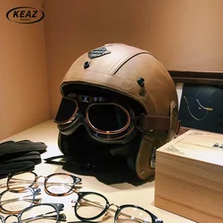 KEAZ-Capacete de motocicleta de couro aberto vintage com óculos, capacete retrô para adultos, aprovado pelo DOT, 8 cores, 3/4