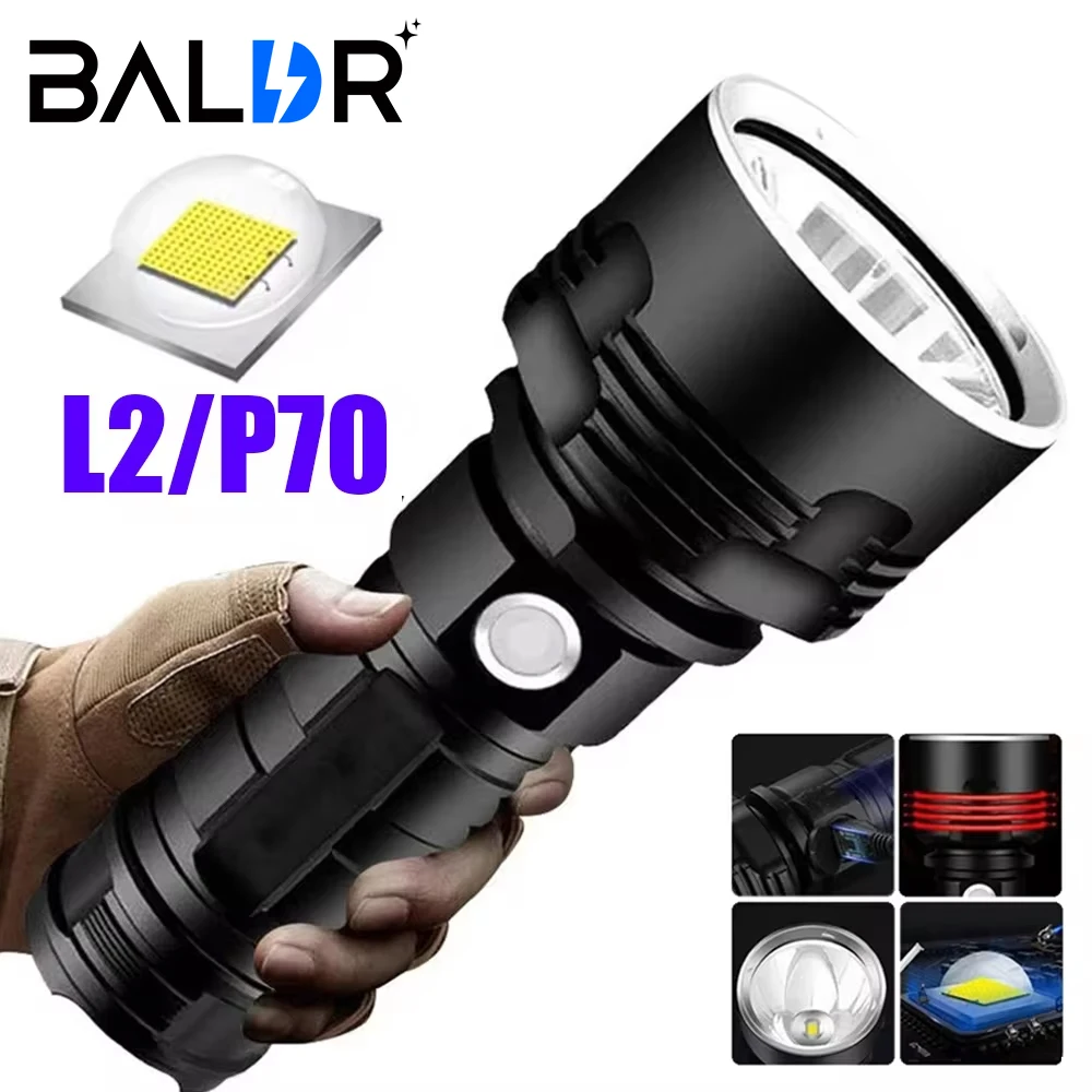 BALDR High Power LED Flashlight L2 XHP70 USB Rechargeable Tactical Torch Long Range Super Bright Lantern for Outdoor Camping