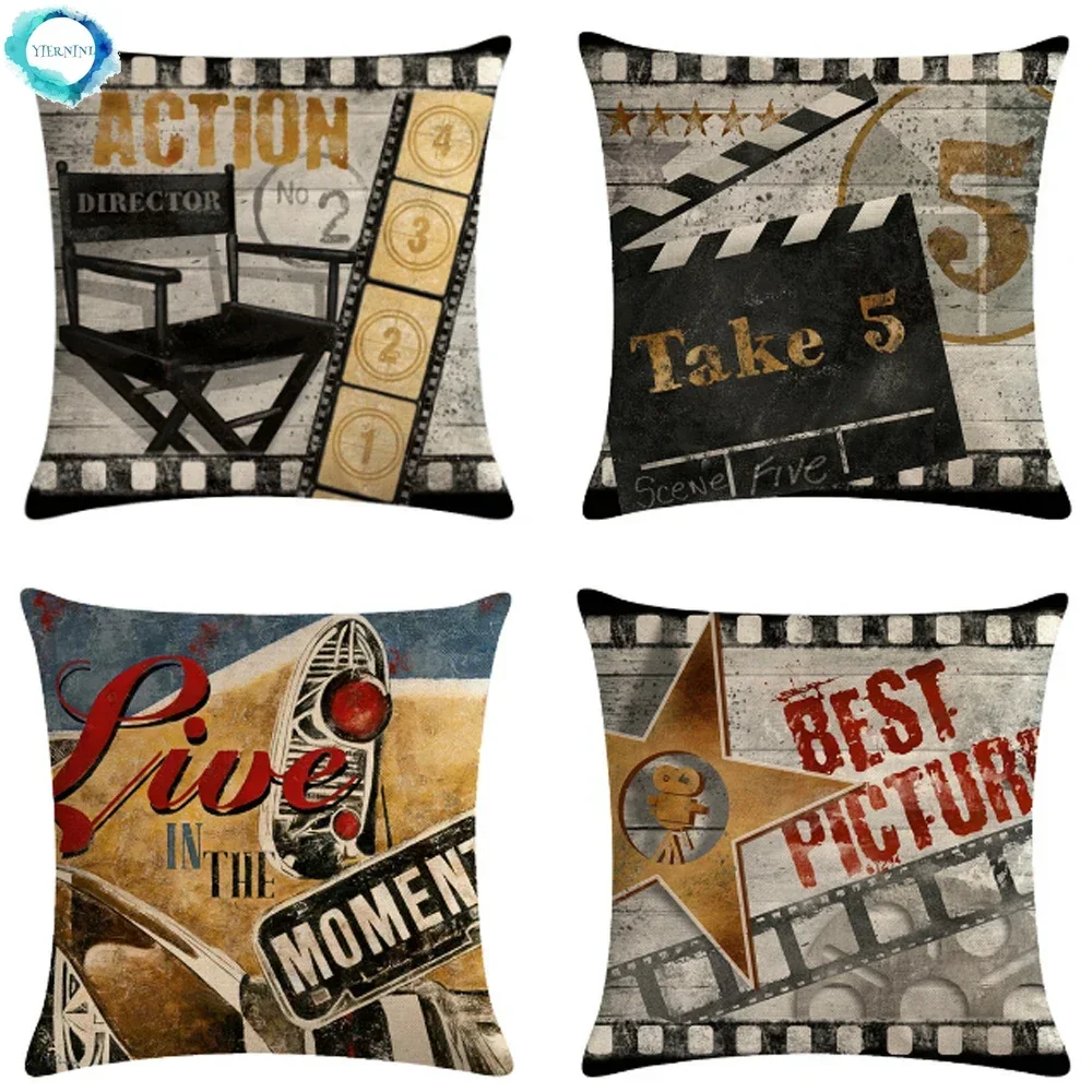 Retro Movie Film Production Letters Decorative Cushion Cover Linen Throw Pillow Cover Sofa Chair Cushion Pillowcase