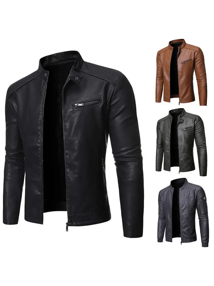 

Men's Motorcycle Jacket Trendy Slim Men's Leather Jackets Casual autumn zipper long sleeve stand collar Washed leather overcoat