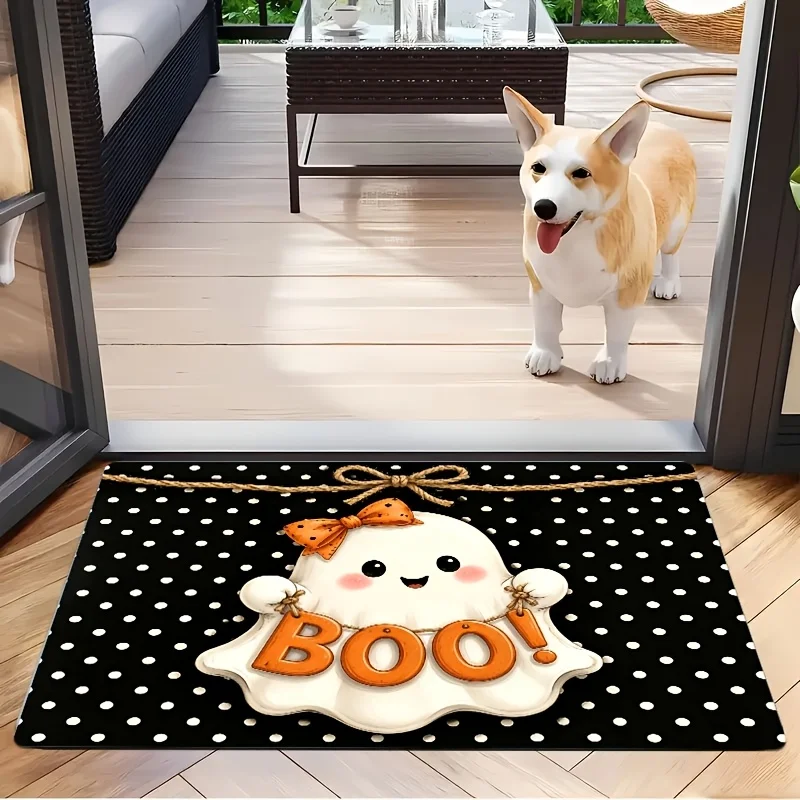 Slip Resistant Entryway Rug Playful Boo Ghost Bow Accent Graphic Halloween Holiday Stylish Floor Rug For Home Autumn Decoration