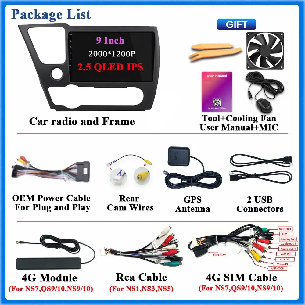 

For Honda Civic 9 2013 - 2016 Car Radio Carplay GPS Navigation Android Auto Wifi No 2din DVD Stereo Head Unit Bluetooth
