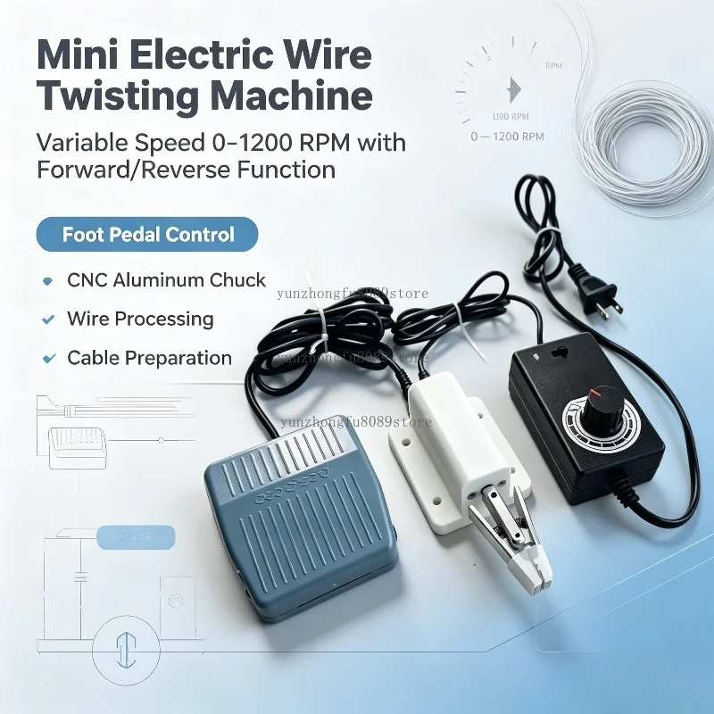 Mini Electric Wire Twisting Machine – Variable Speed 0–1200 RPM, Forward/Reverse, Foot Pedal Control, Aluminum Chuck