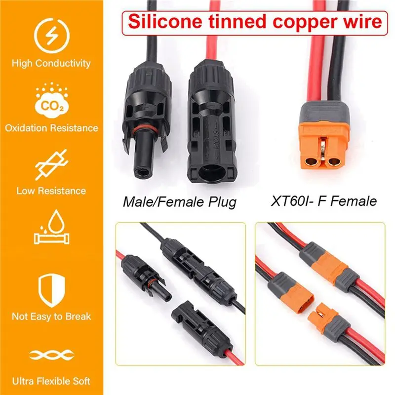 ABJI-2X Solar Charge Cable XT60I-F Adapter 12AWG Cable Connector Extension Wire For Solar Panel Generator Power Battery B